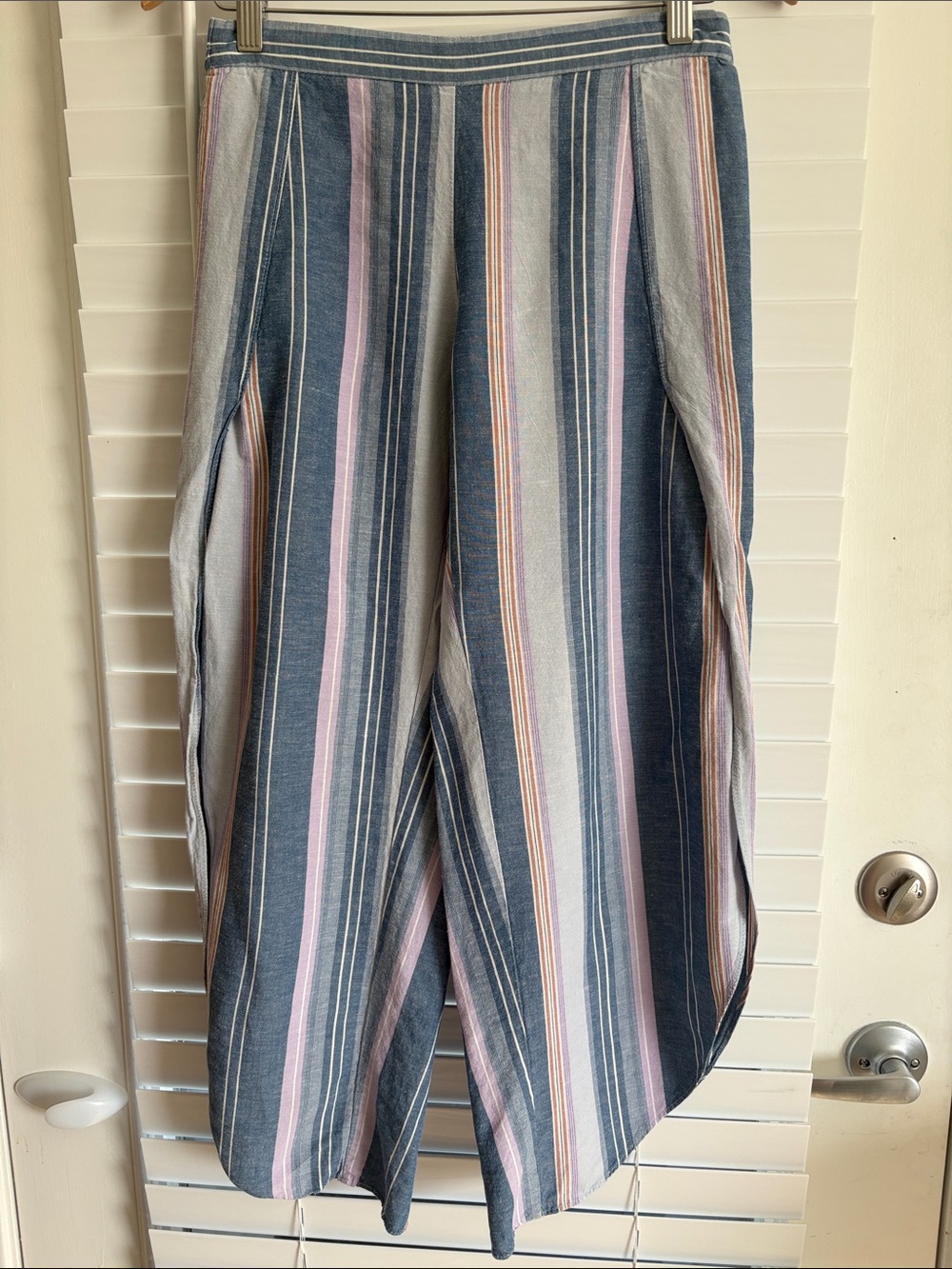 DREW Linen Blend Chambray Lilac Striped Tulip Pull on Pants SZ S